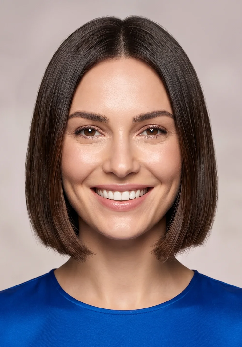 Same woman wearing a vibrant blue top that makes her skin glow
