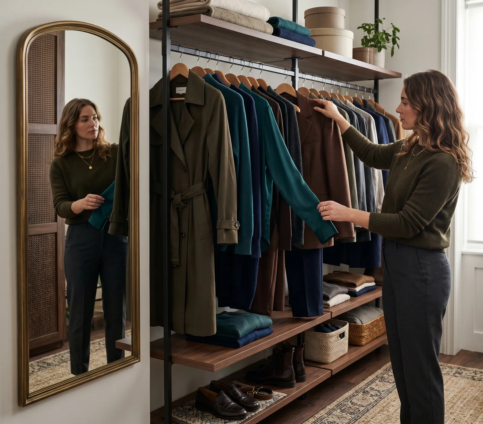 A woman with warm auburn wavy hair wearing a dark olive green top, standing at an open wardrobe rail filled with richly coloured clothes in earthy and jewel tones including olive, teal, brown and navy, reflected in a large arched mirror beside her.