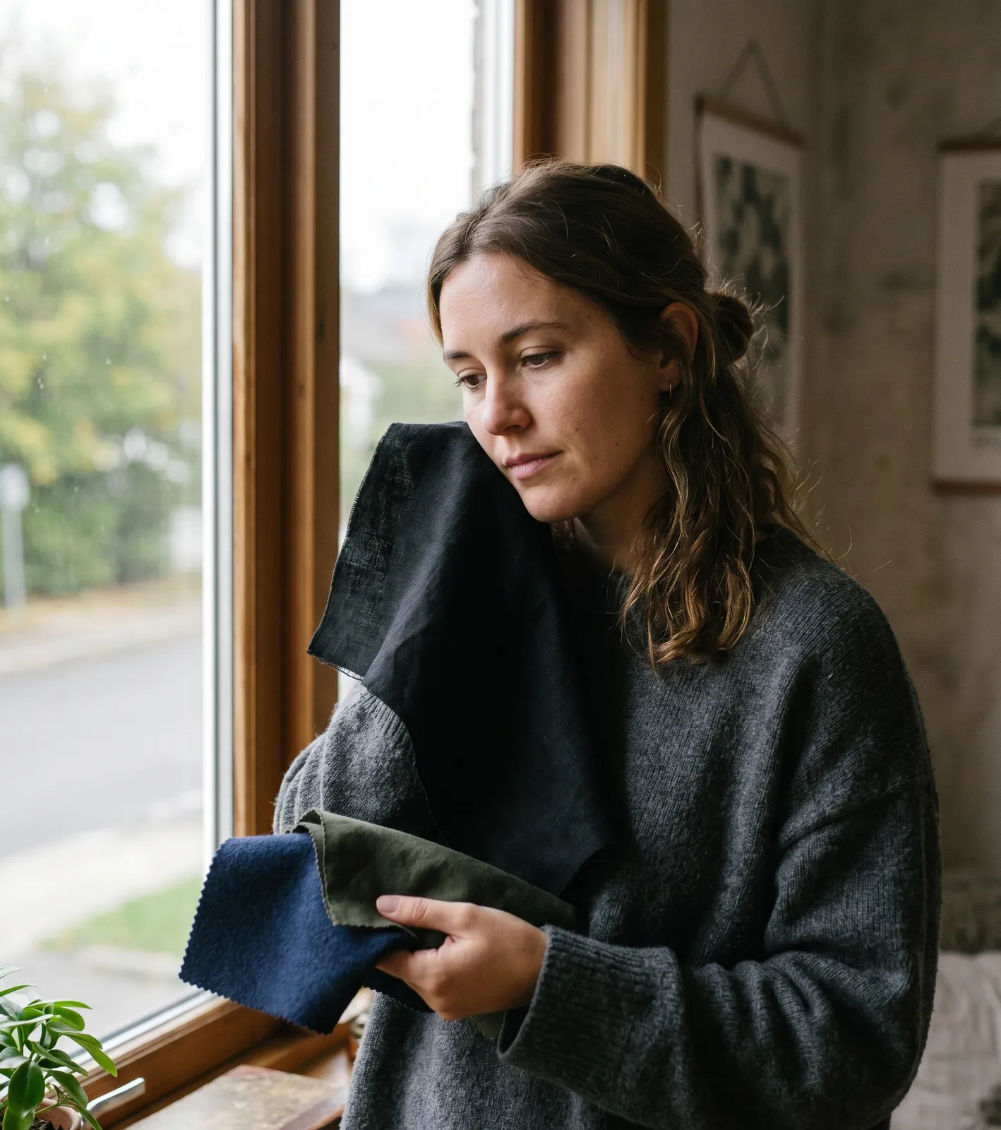A woman with dark hair in a loose bun, wearing a grey knit sweater, standing at a large window in natural daylight holding black and dark fabric swatches against herself and looking down at them thoughtfully.