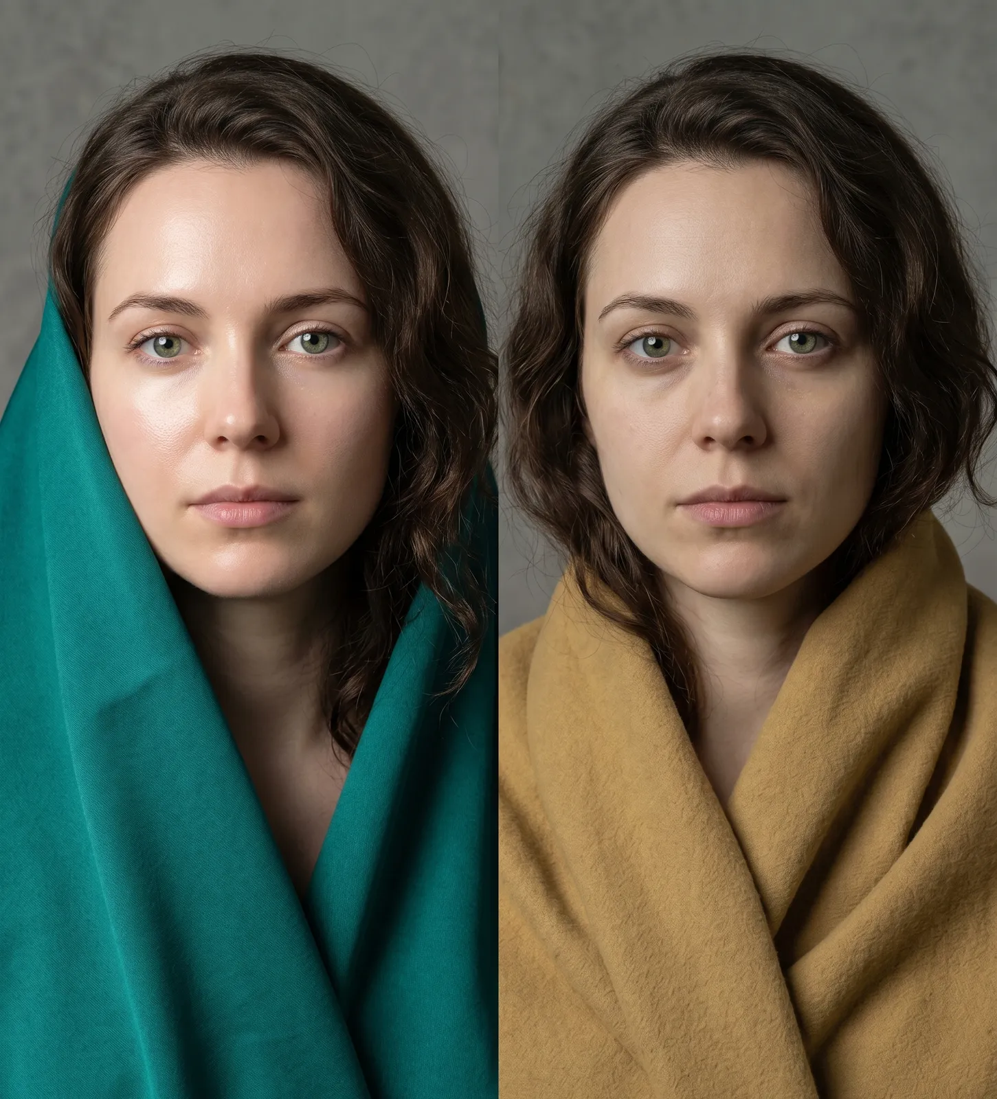 Side-by-side portrait of the same woman: on the left draped in teal fabric with her skin looking clear and vibrant; on the right draped in mustard-yellow fabric with her skin appearing duller and more shadowed.