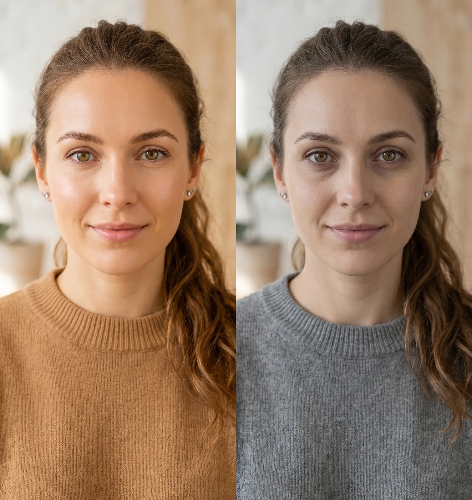 Side-by-side portrait of the same woman: on the left in a warm caramel knit sweater with skin looking bright and even; on the right in a cool grey sweater with skin appearing flat and tired.