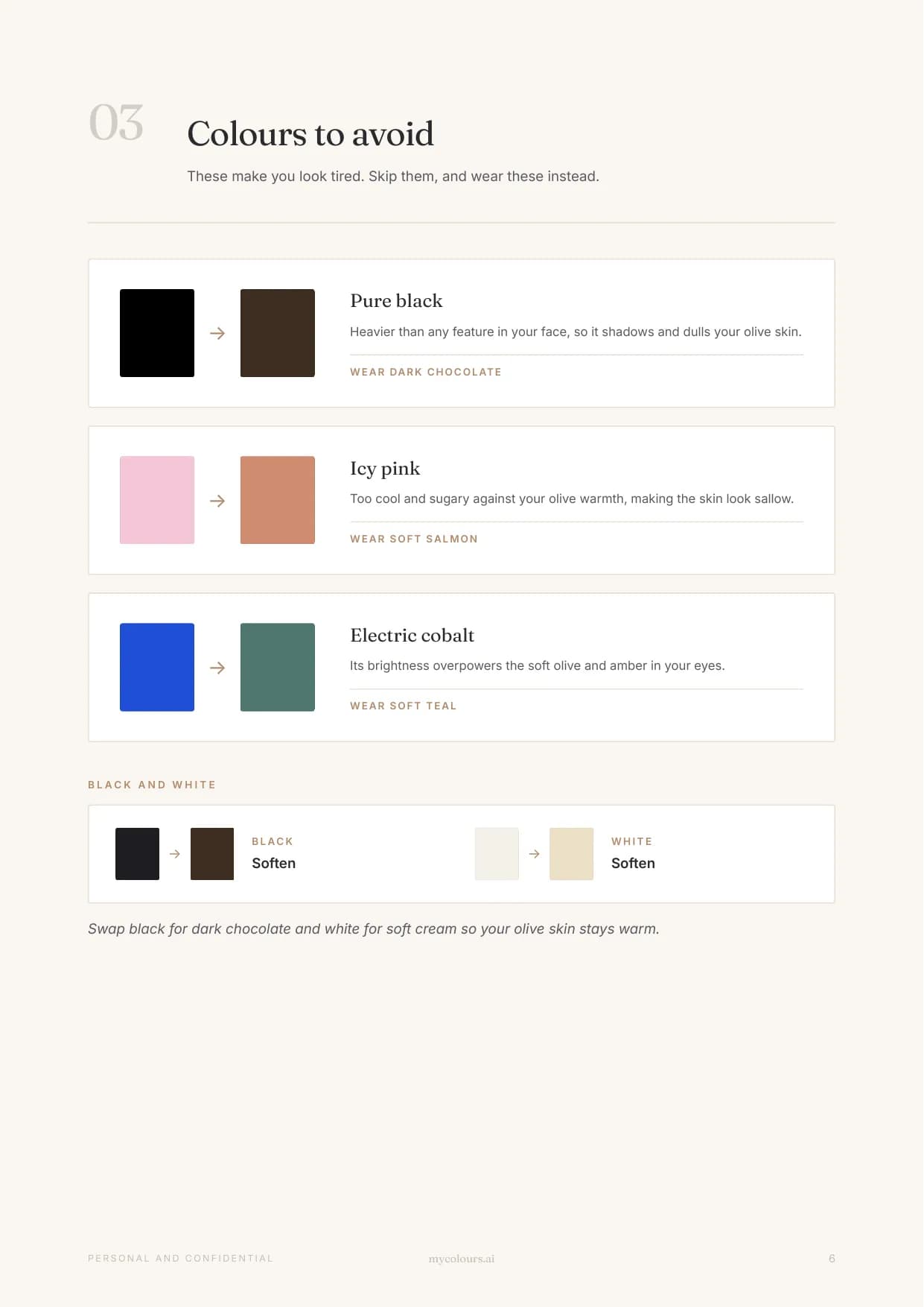 Sample report, page 6: Colours to avoid