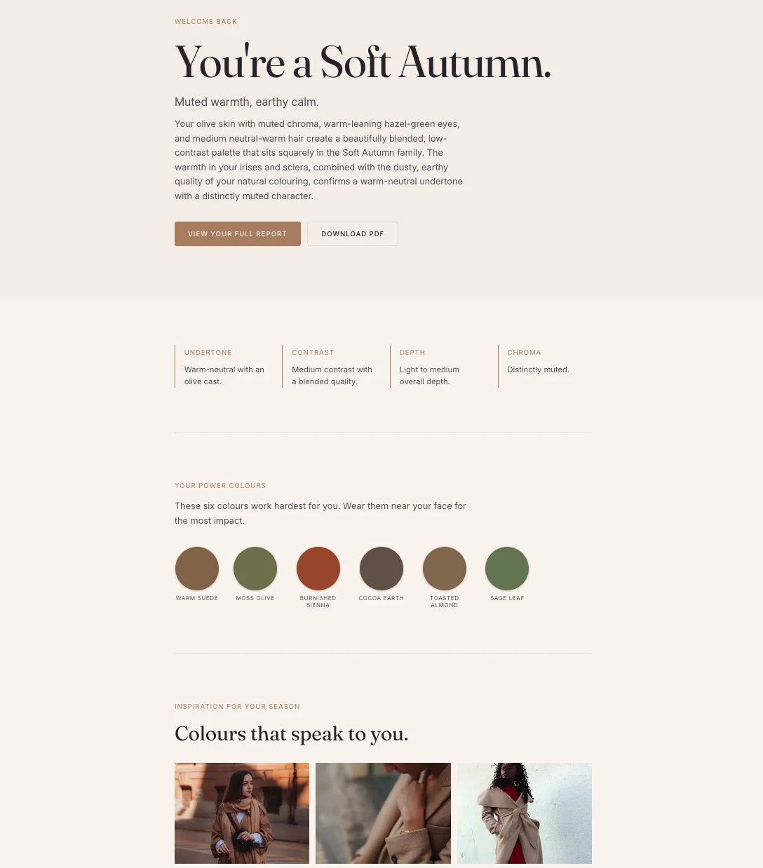 Example colour analysis report showing your season, key verdicts, and personalised colour palette
