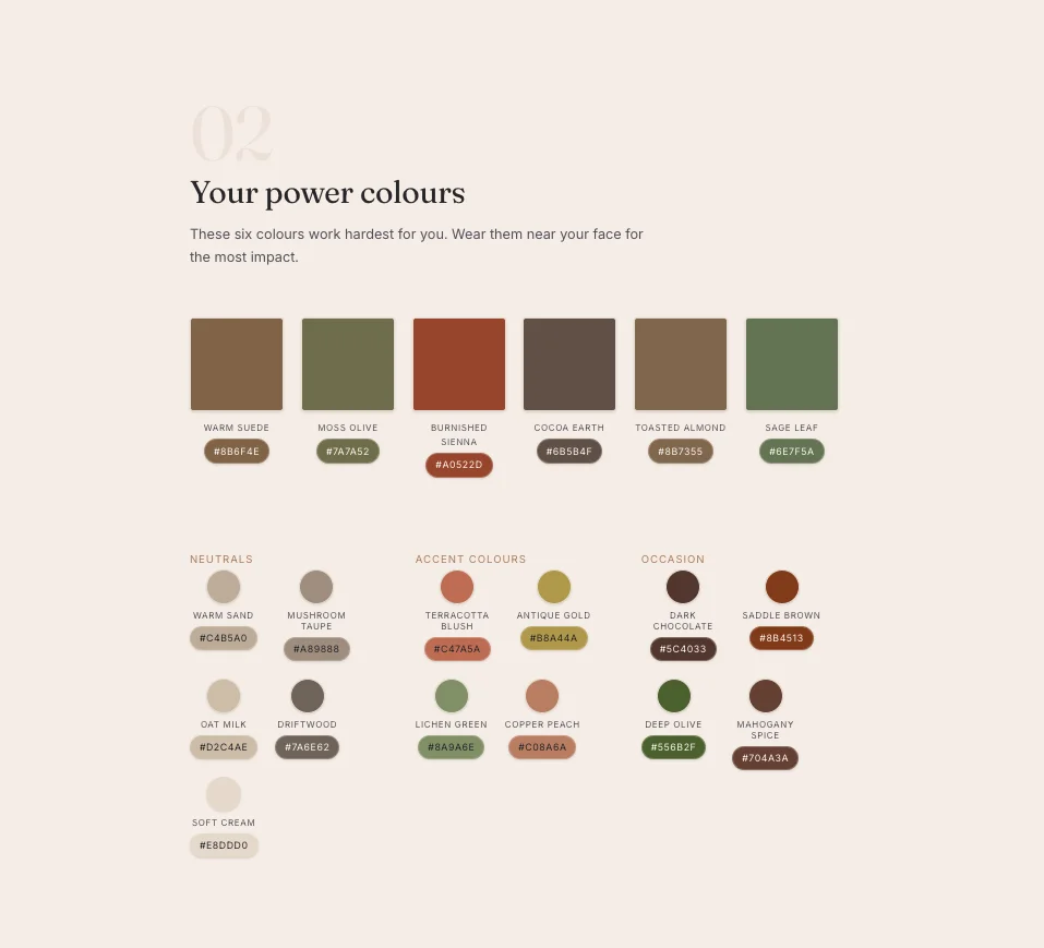 Detailed power colour palette with neutrals, accent colours, and occasion colours