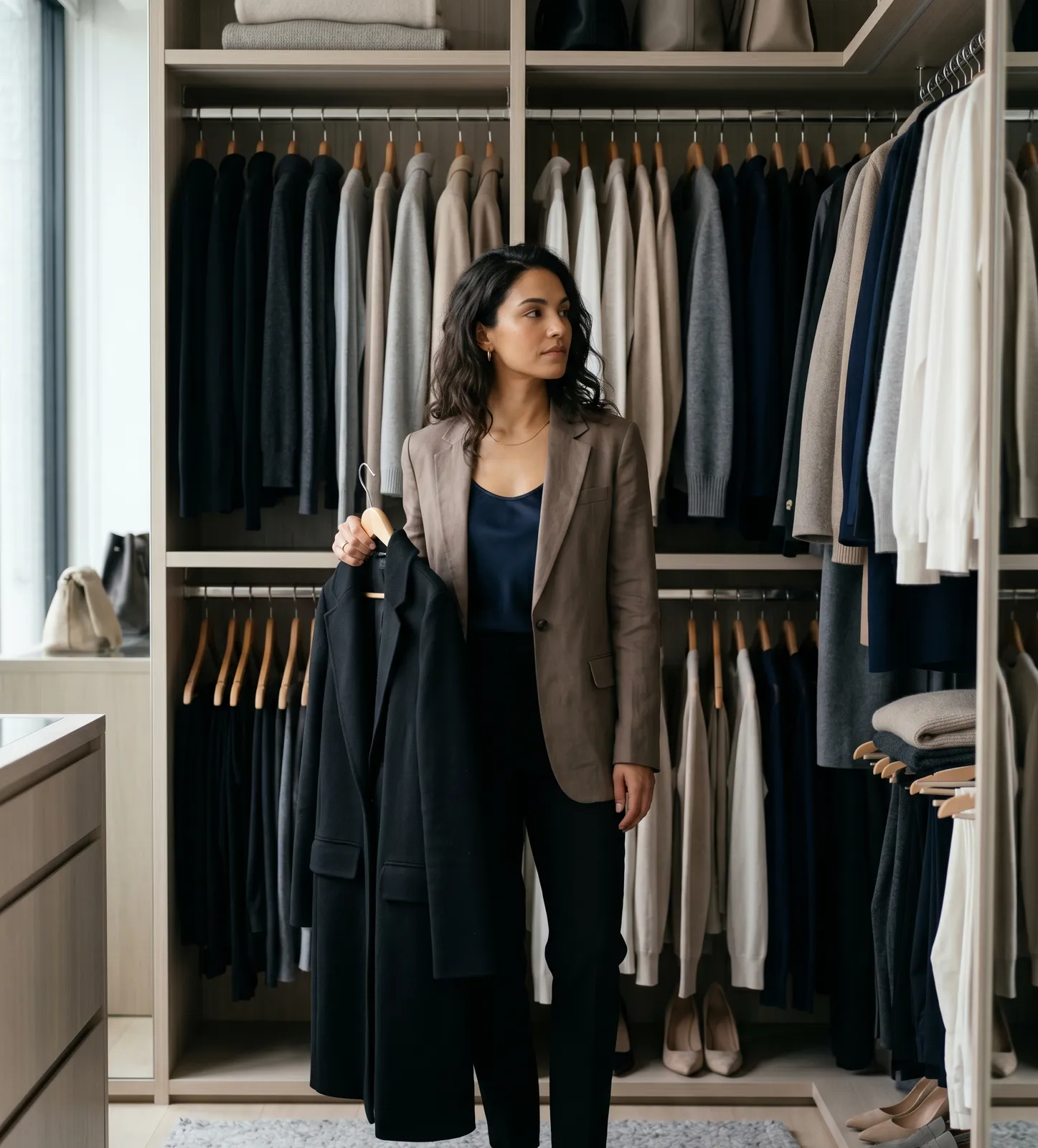 A dark-haired woman in a warm taupe blazer and navy top stands in a large, organised walk-in wardrobe, holding a black coat on a hanger, surrounded by rails of cool and neutral-toned clothing.