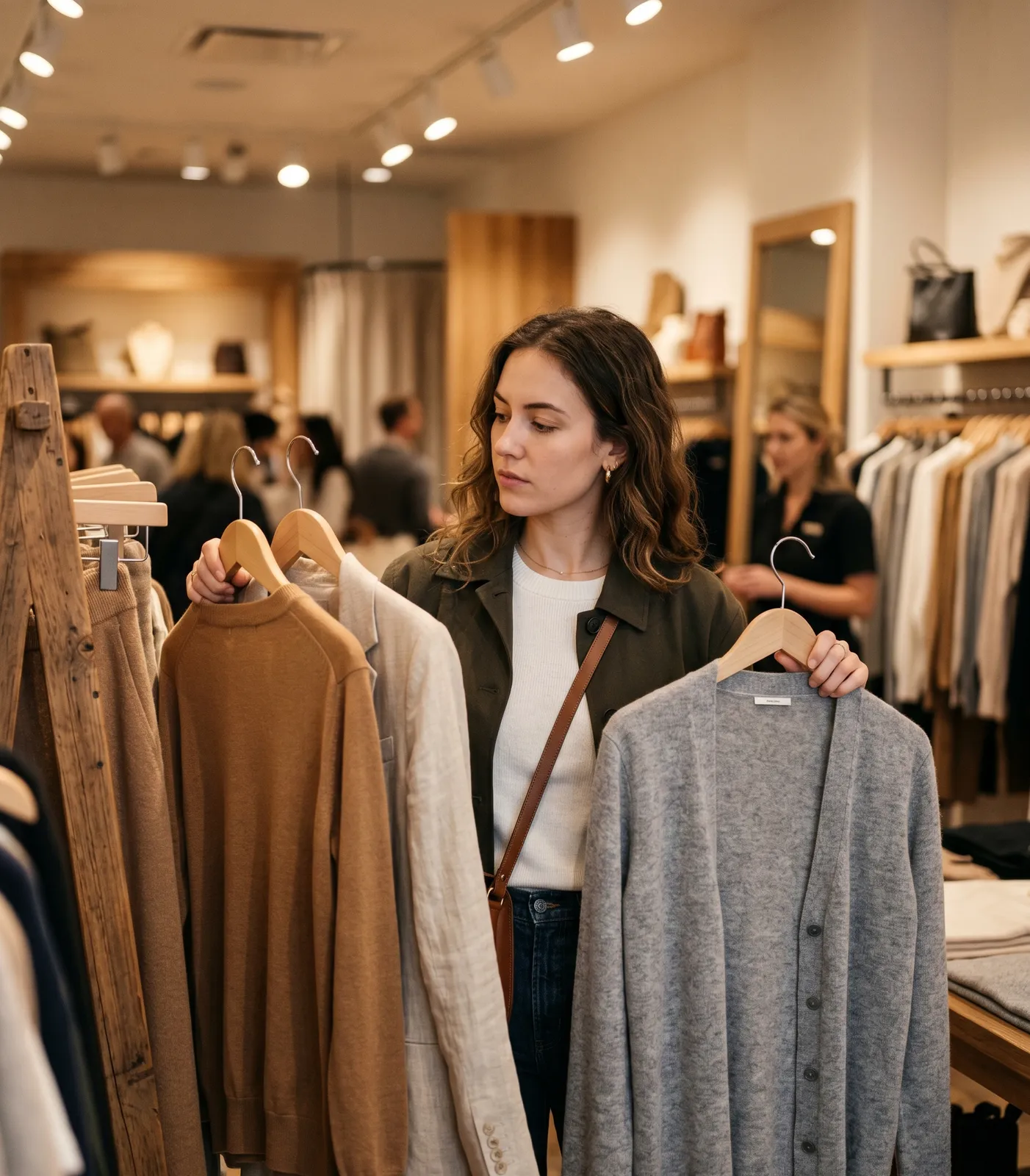 A woman with brown wavy hair stands in a warmly lit clothing boutique, holding a camel-toned knit in one hand and a cool grey cardigan in the other, comparing the two.