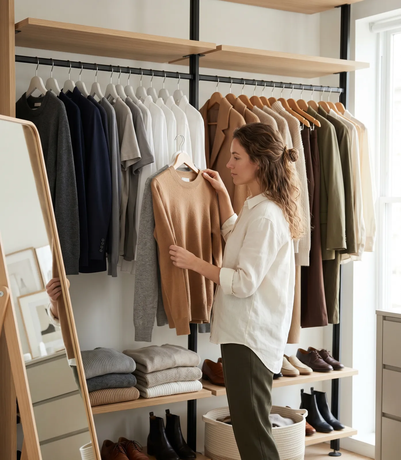 A woman in a white shirt and olive trousers examines a camel knit sweater beside a mirrored clothes rail, with cool-toned clothes on the left and warm browns, olives, and camels on the right.