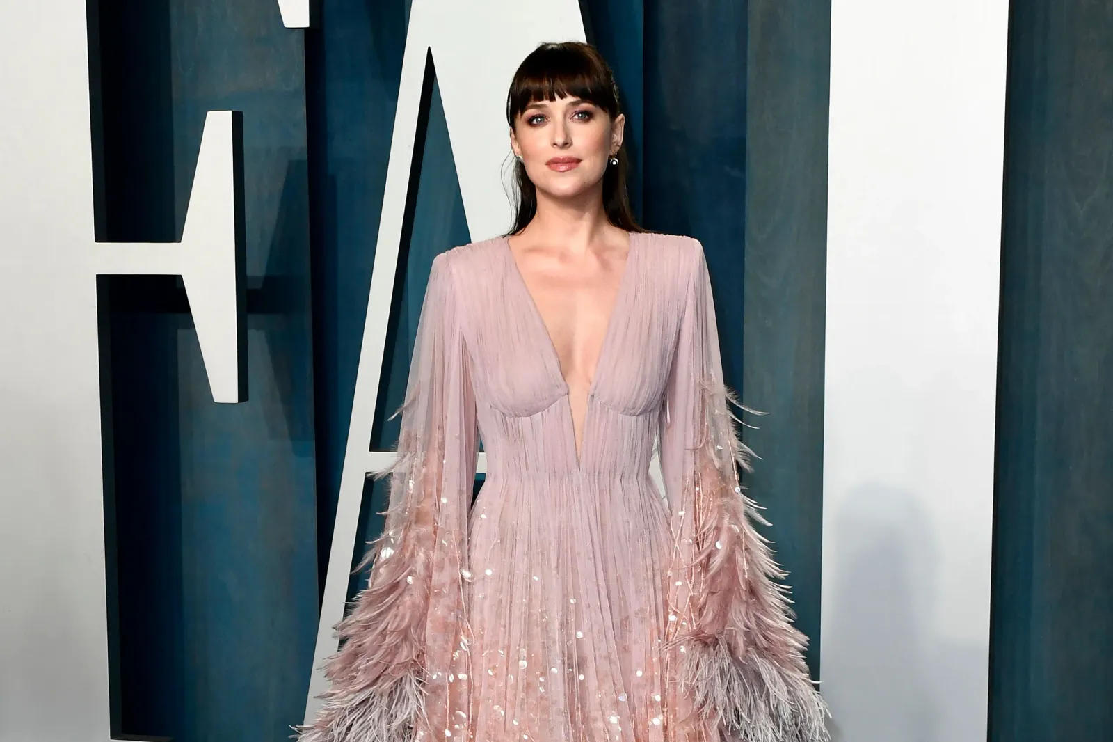 Dakota Johnson in a floor-length dusty blush-pink feathered gown at a formal event, her dark hair pinned back, against a teal-grey backdrop.