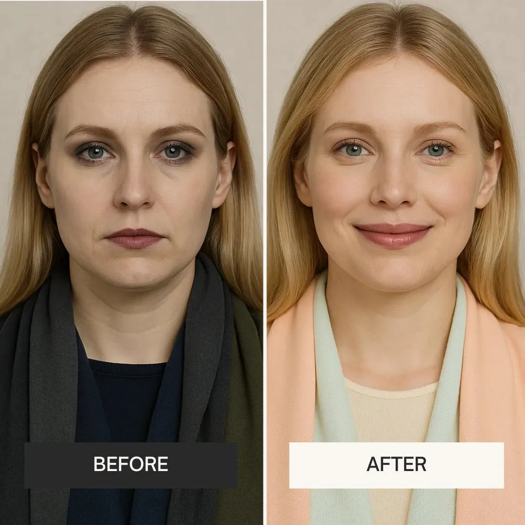 Side-by-side before and after portraits of the same fair-haired woman: on the left she wears dark colours and looks shadowed and tired; on the right she wears soft peach and sage tones and her skin looks clear and glowing.