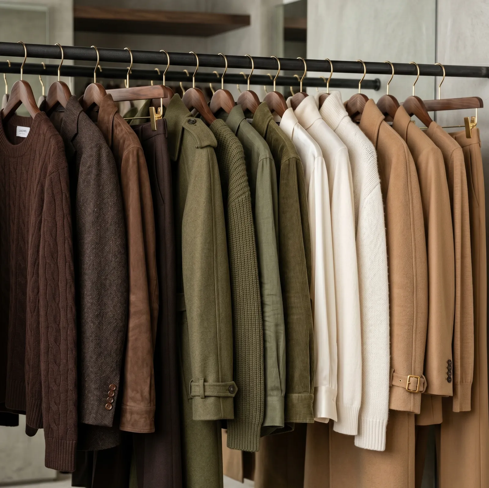 A clothes rail hung with a curated warm-season wardrobe: dark brown knitwear, a leather jacket, olive and khaki pieces, cream knitwear, and a camel blazer, all on walnut hangers with brass hooks.
