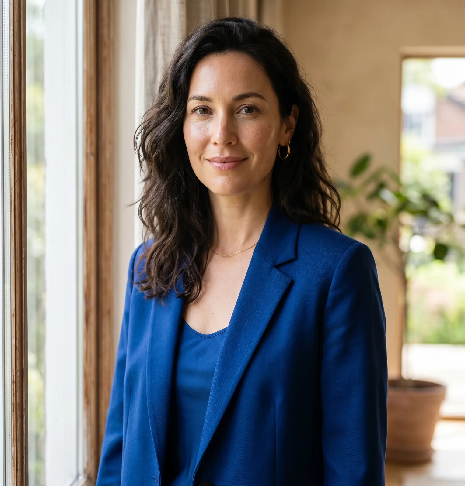 A dark-haired woman in a cobalt blue blazer and matching top, standing by a window in warm natural light, looking composed and well-dressed.