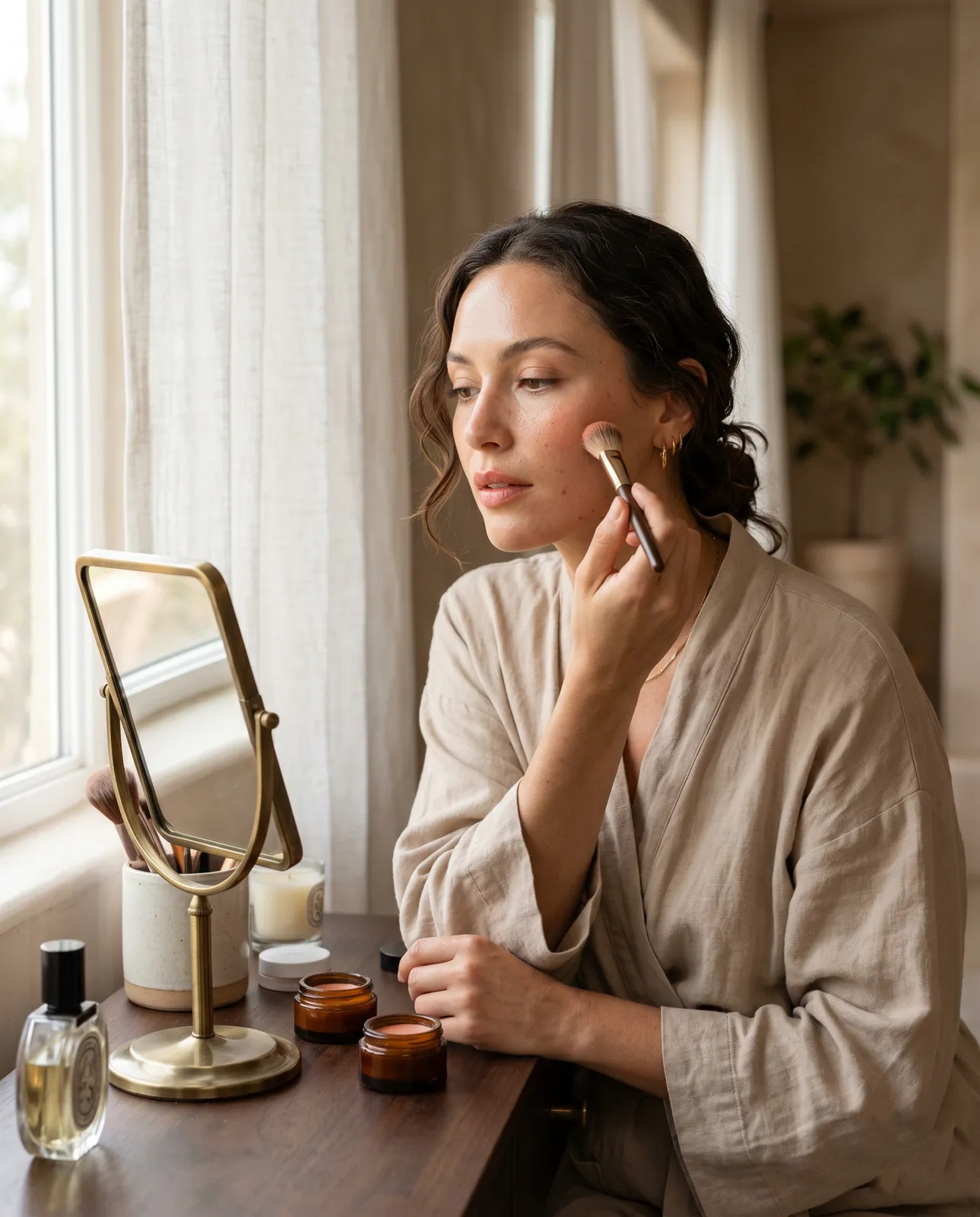 A woman in a linen robe applying blush with a brush at a vanity table, a brass-framed mirror in front of her and amber glass pots of product beside a candle.