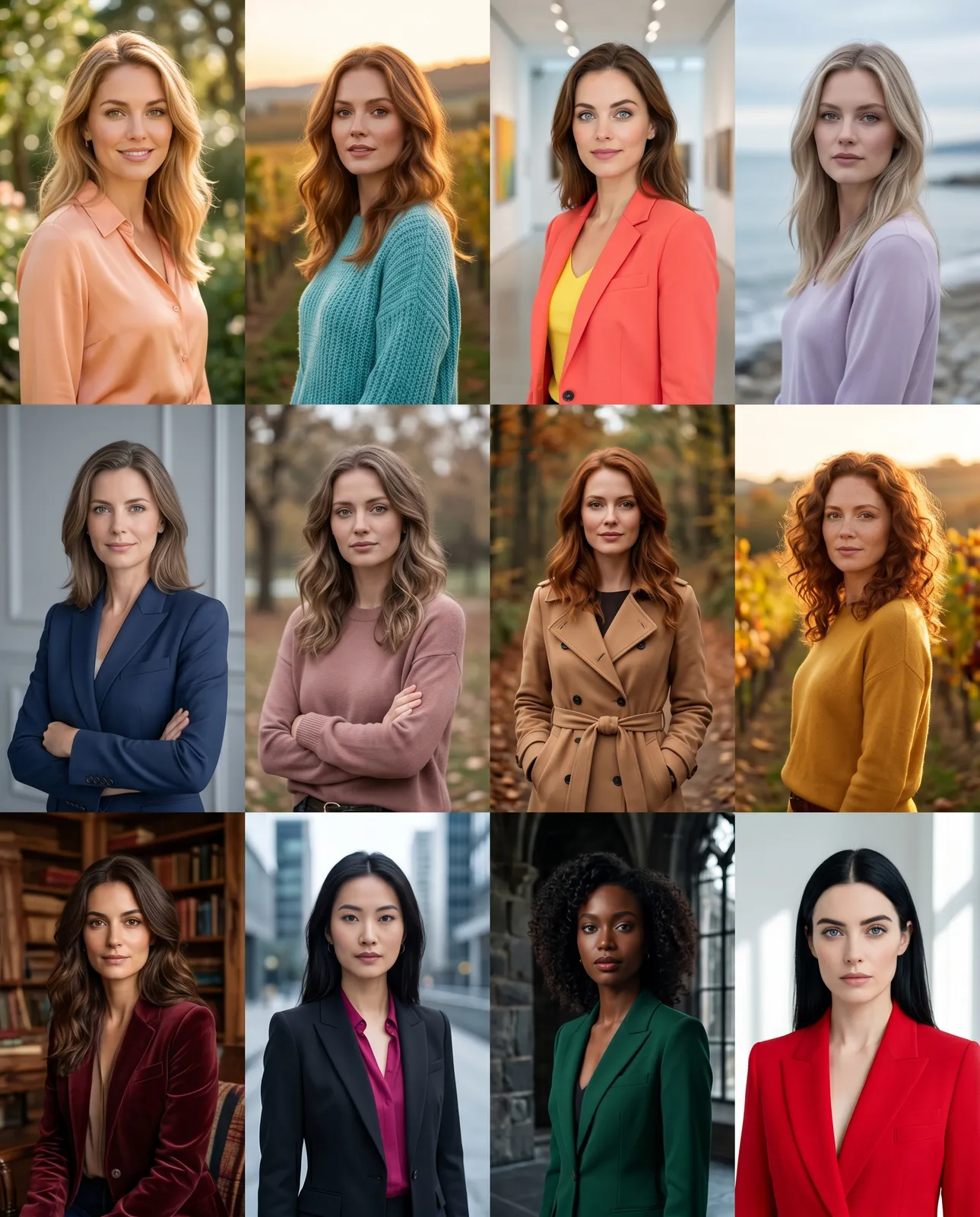 A 3x4 grid of twelve women, each wearing a colour palette representative of one of the twelve colour seasons, from soft peach and lavender through earthy mustard and camel to rich burgundy, emerald, and vivid red.