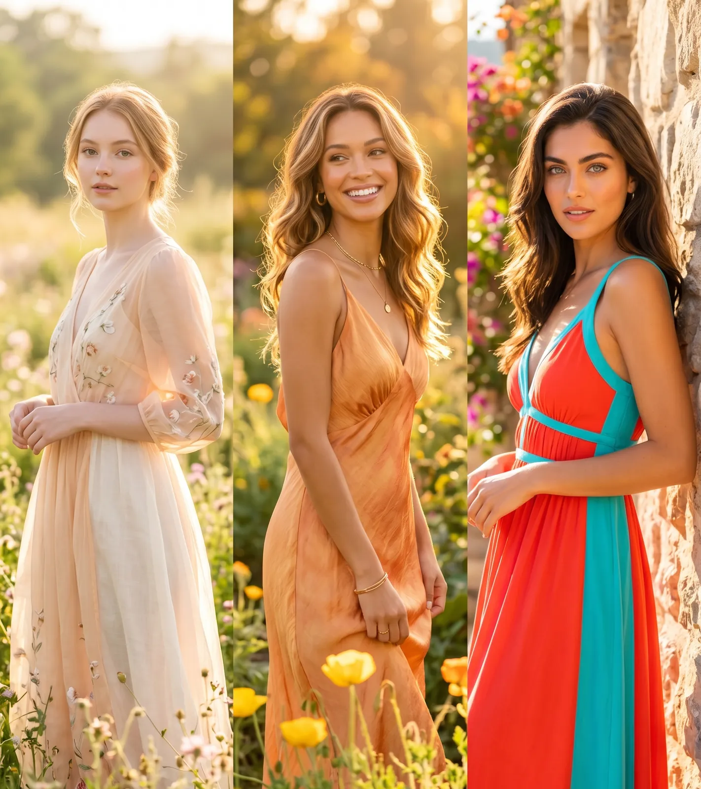 Three women photographed in golden garden light: one in a pale peach floral dress, one in a warm amber satin slip dress, one in a vivid coral and turquoise dress, illustrating the three Spring seasons.