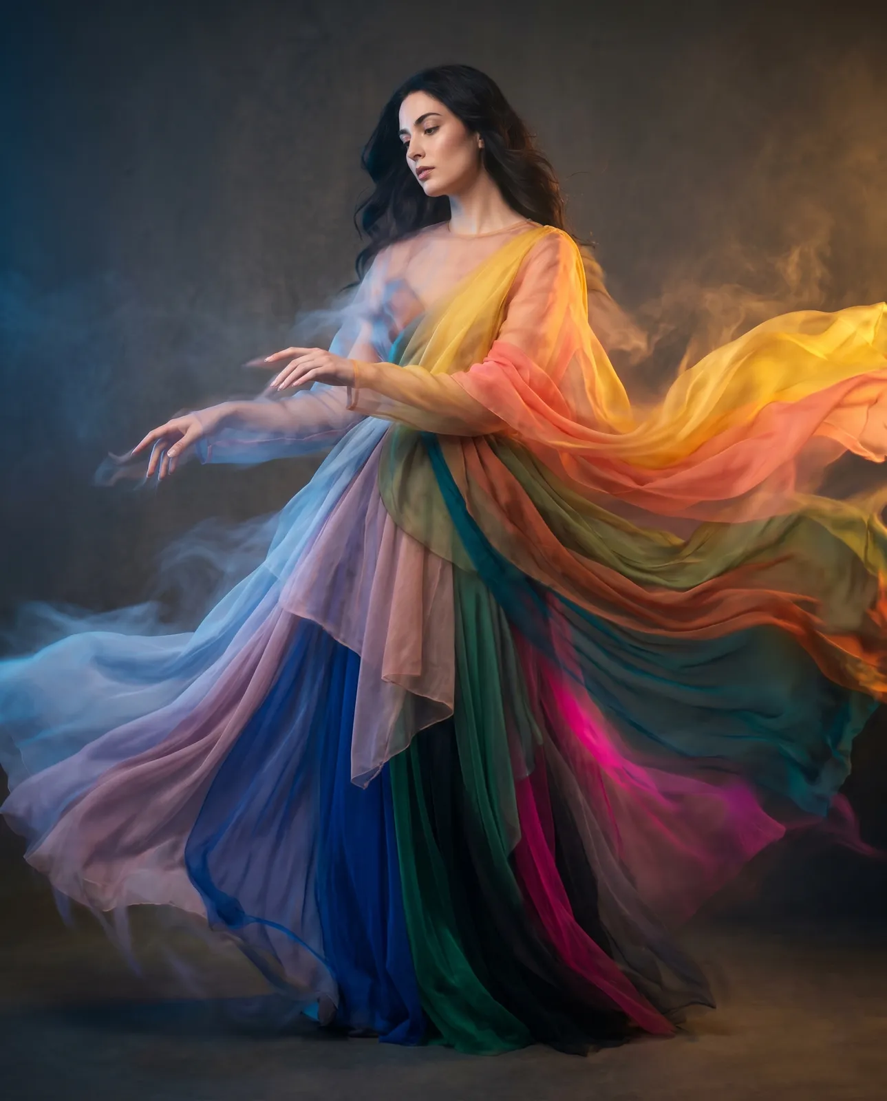 A dark-haired woman in a flowing editorial gown composed of multicoloured chiffon panels spanning the full spectrum, from cool blue and lavender through warm yellow, orange, coral, pink, and green, set against a smoky grey studio background.