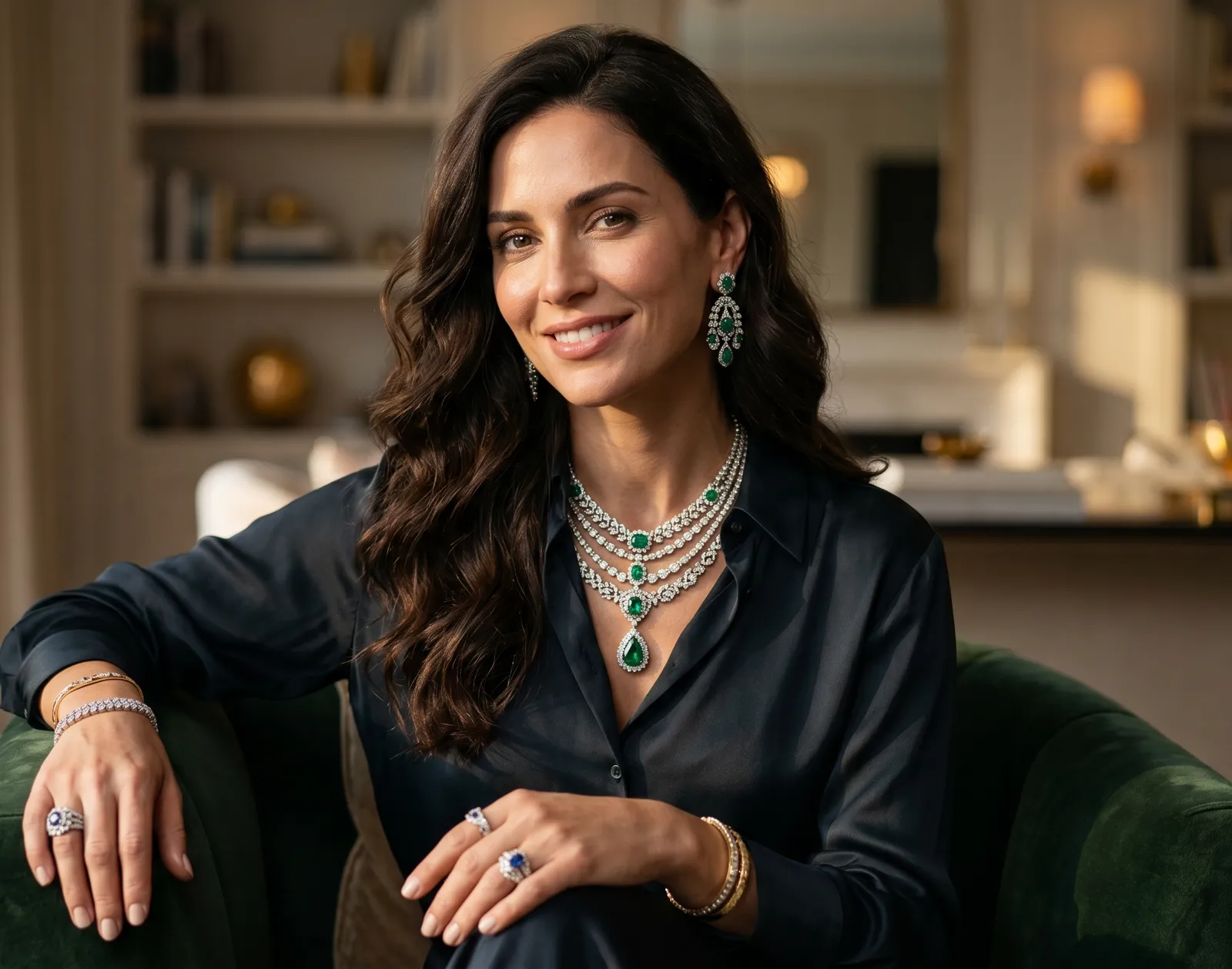 A dark-haired woman in a black silk shirt on a green velvet chair, wearing layered diamond and emerald jewellery, looking polished and defined.