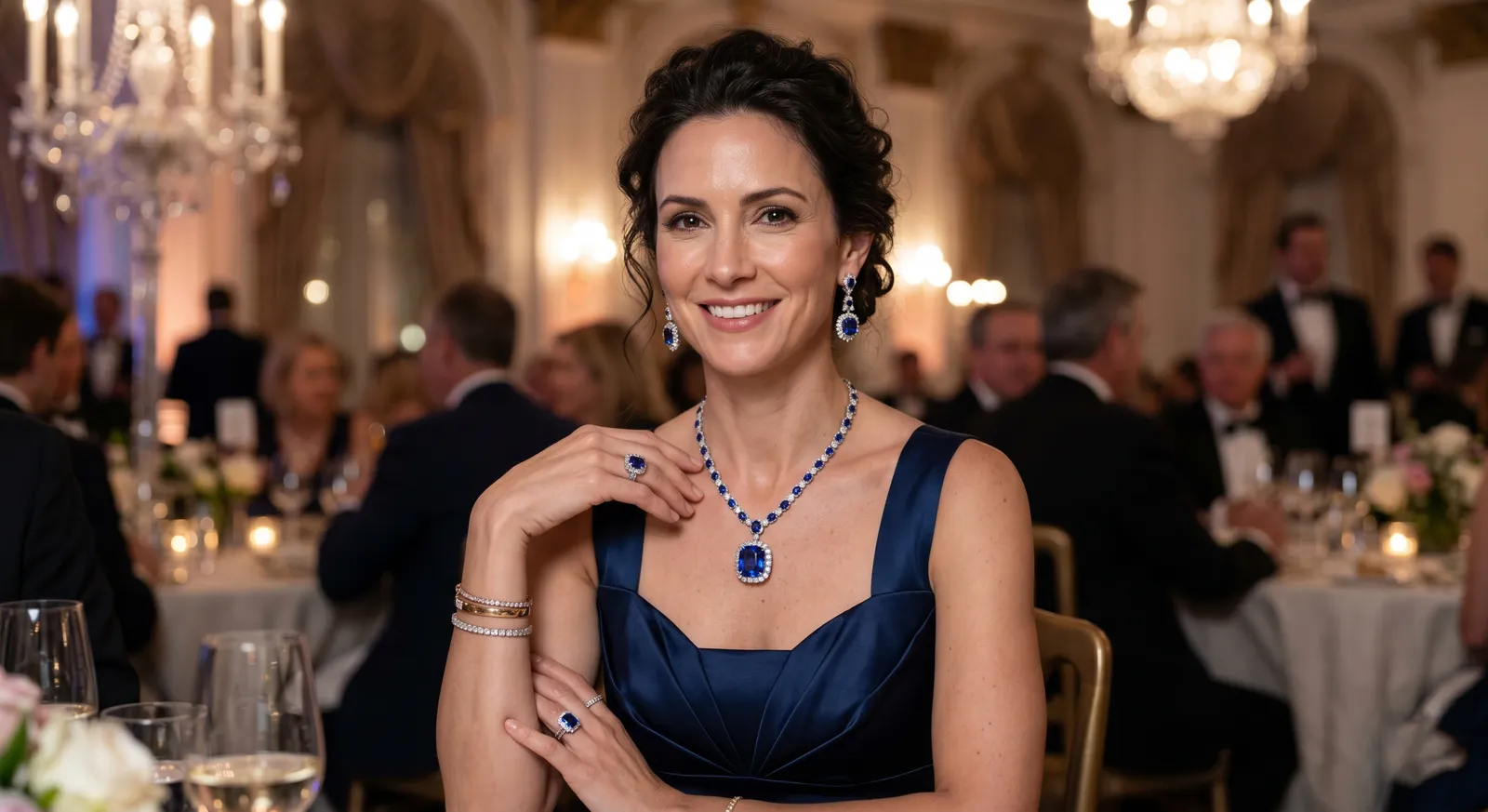 A dark-haired woman in a deep navy satin gown at a formal event, wearing sapphire and diamond jewellery, her cool colouring looking luminous against the blue.