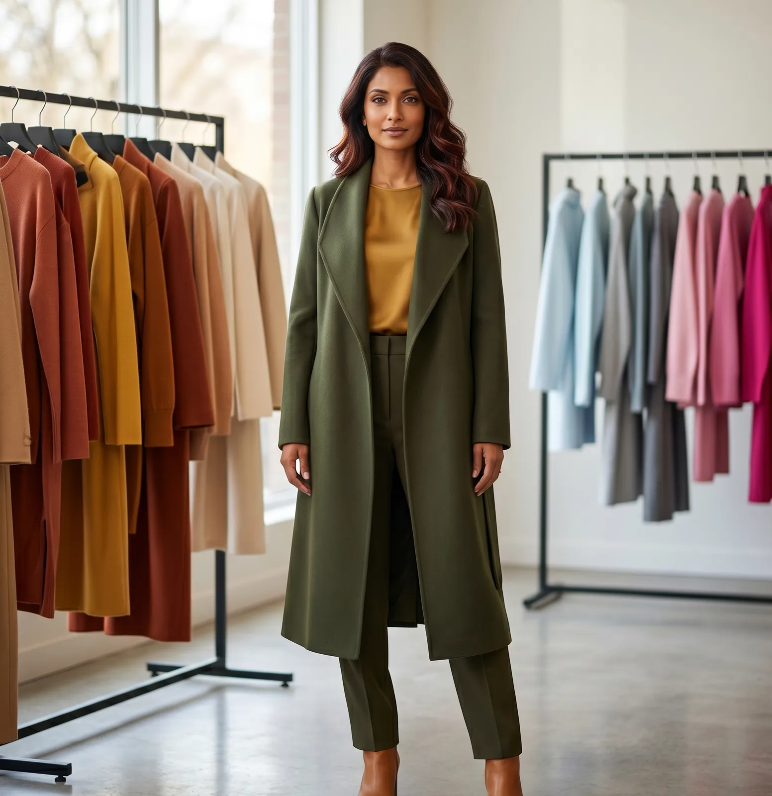 A woman with deep auburn hair wearing an olive-green coat over a mustard top, standing between two clothing racks: one holding warm earthy tones on the left, one holding cool pastels and pinks on the right.
