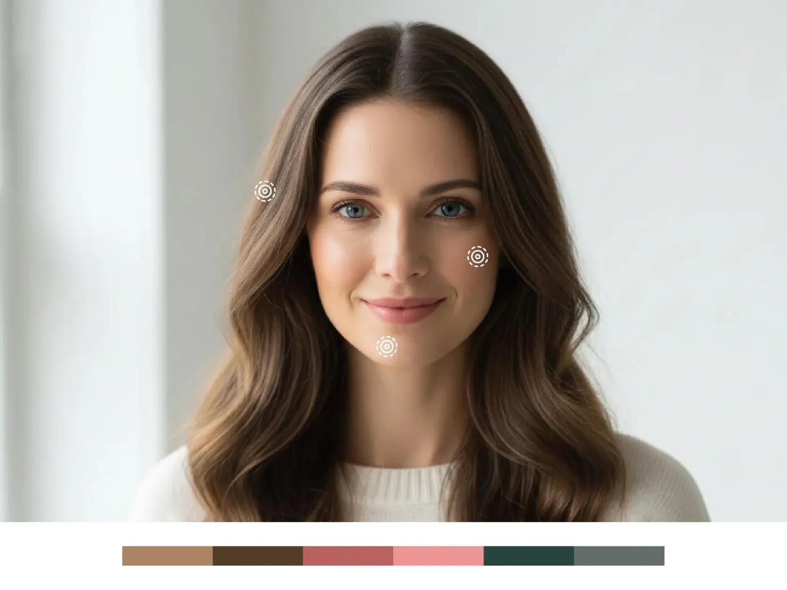 A portrait of a woman with brown hair and blue eyes, with dashed circles overlaid on her face highlighting skin, cheek, and lip zones being analysed, and a strip of five personal colour swatches shown beneath the image.