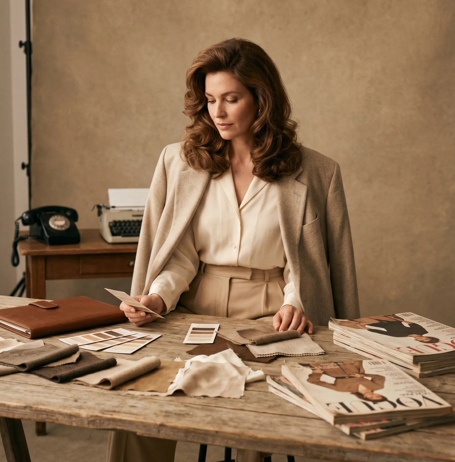 A woman with warm auburn hair, wearing a cream blouse and beige blazer, seated at a wooden table covered in neutral fabric swatches, colour cards, and stacked Vogue magazines, examining a small colour chip.