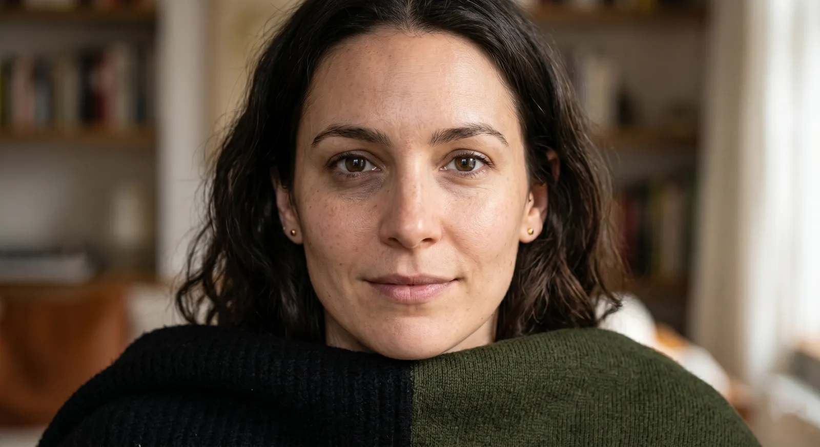 Close-up portrait of a woman with dark wavy hair holding two fabric swatches against her chest: a black knit on the left and a dark olive green knit on the right, illustrating the contrast between the two colours against her warm-toned skin.