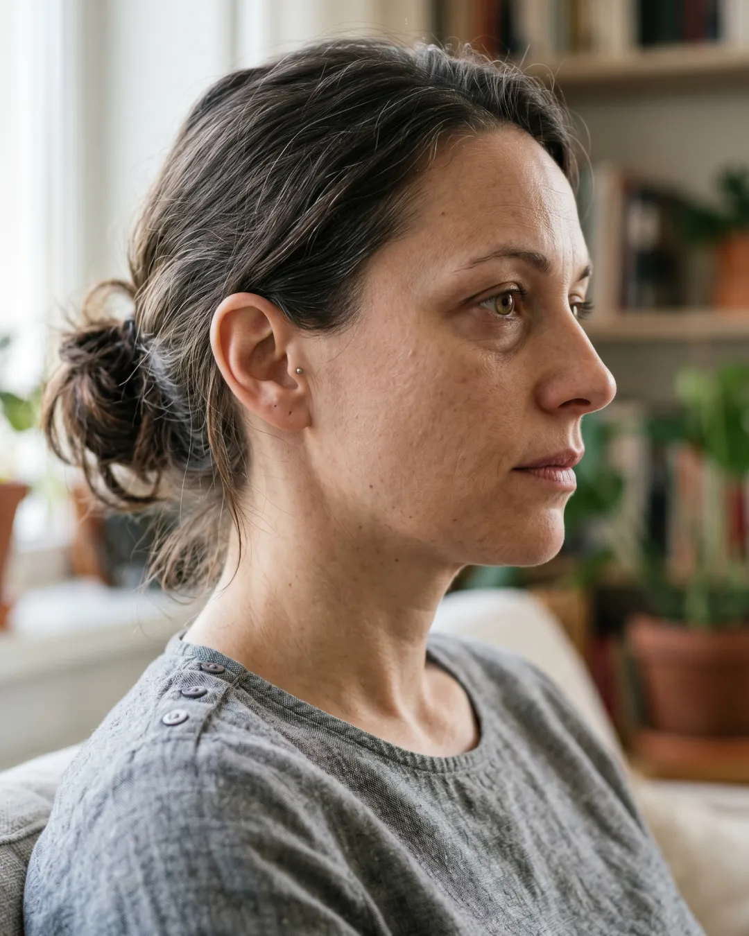 A woman with dark hair in a grey top, photographed in profile in soft indoor light, her skin looking flat and shadowed.