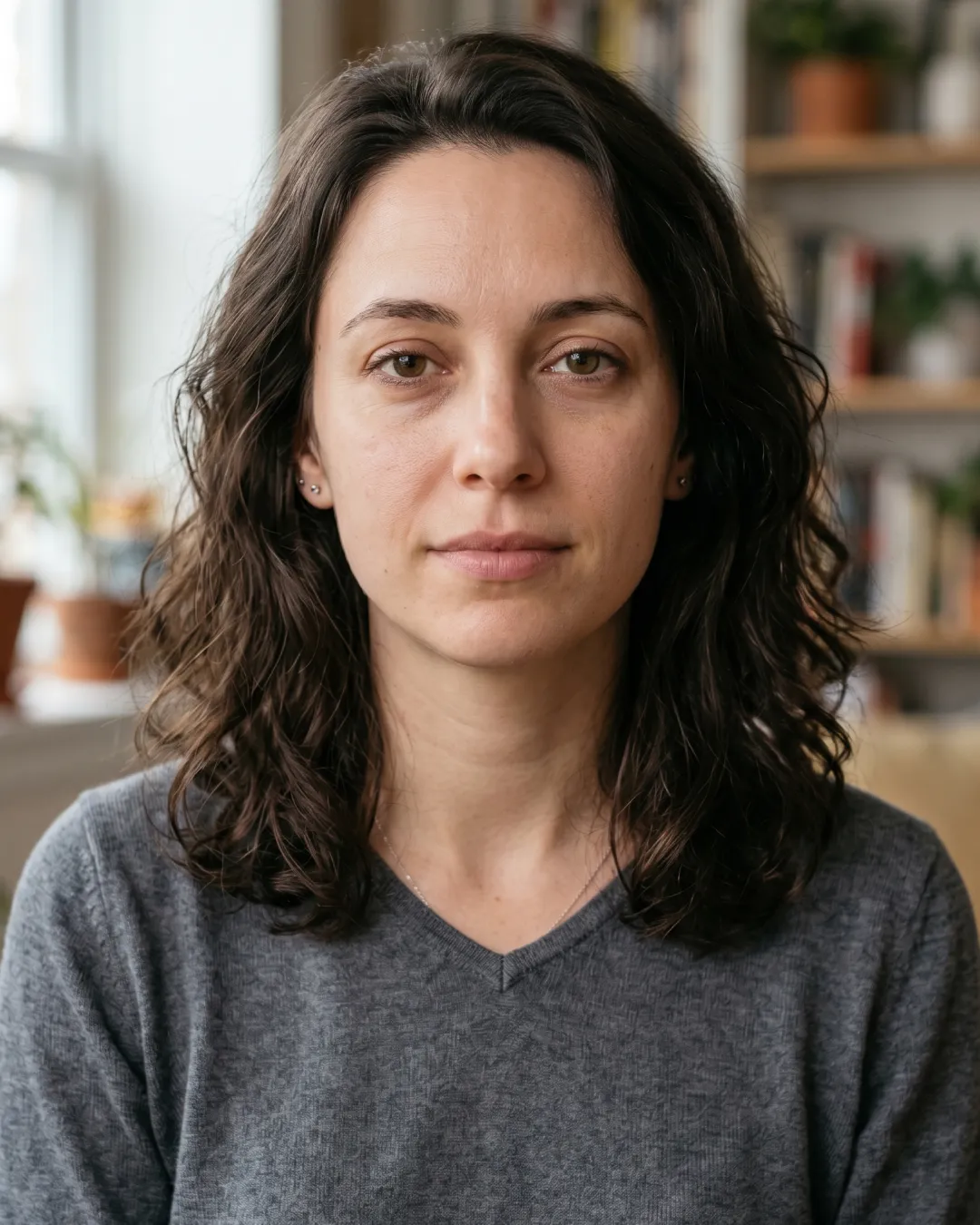 A woman in a grey V-neck facing the camera in natural light, her complexion looking muted.