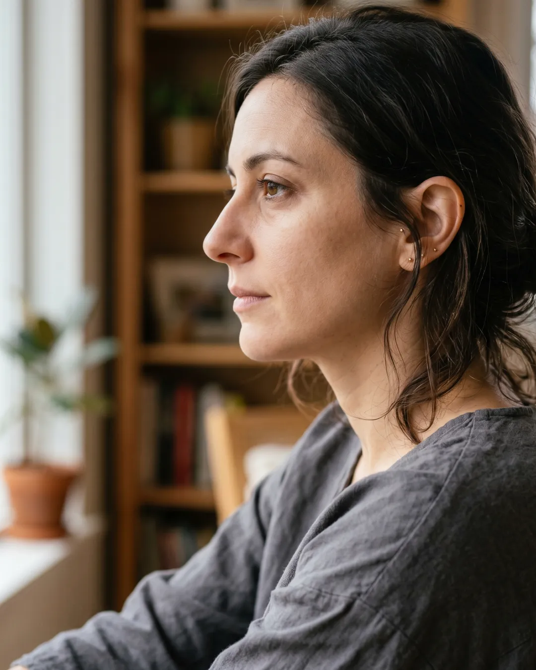 A woman in grey linen looking towards a window, lit by even, natural daylight.