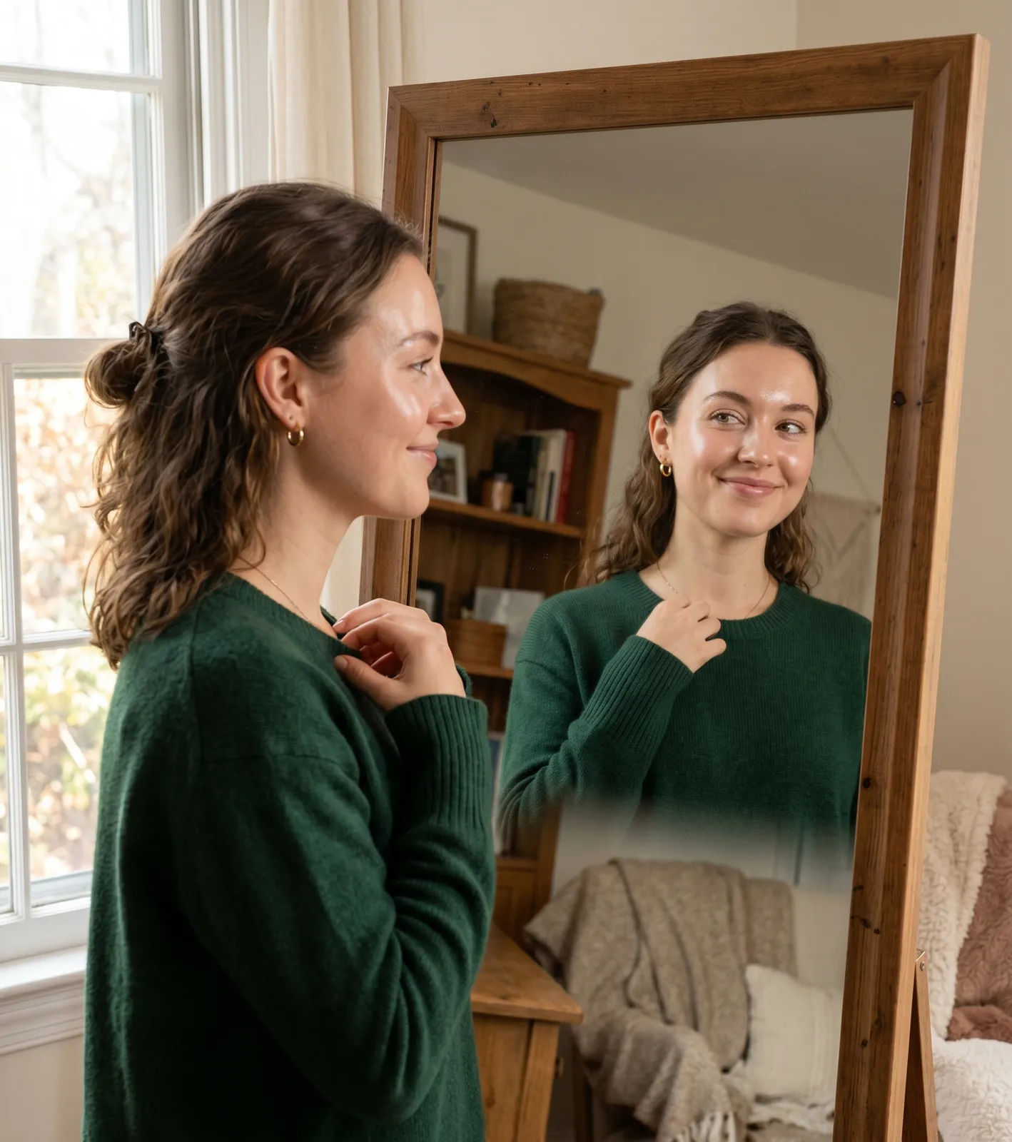 A woman with dark wavy hair in a deep forest green knit sweater smiles at herself in a full-length wooden-framed mirror, her skin glowing in natural window light.