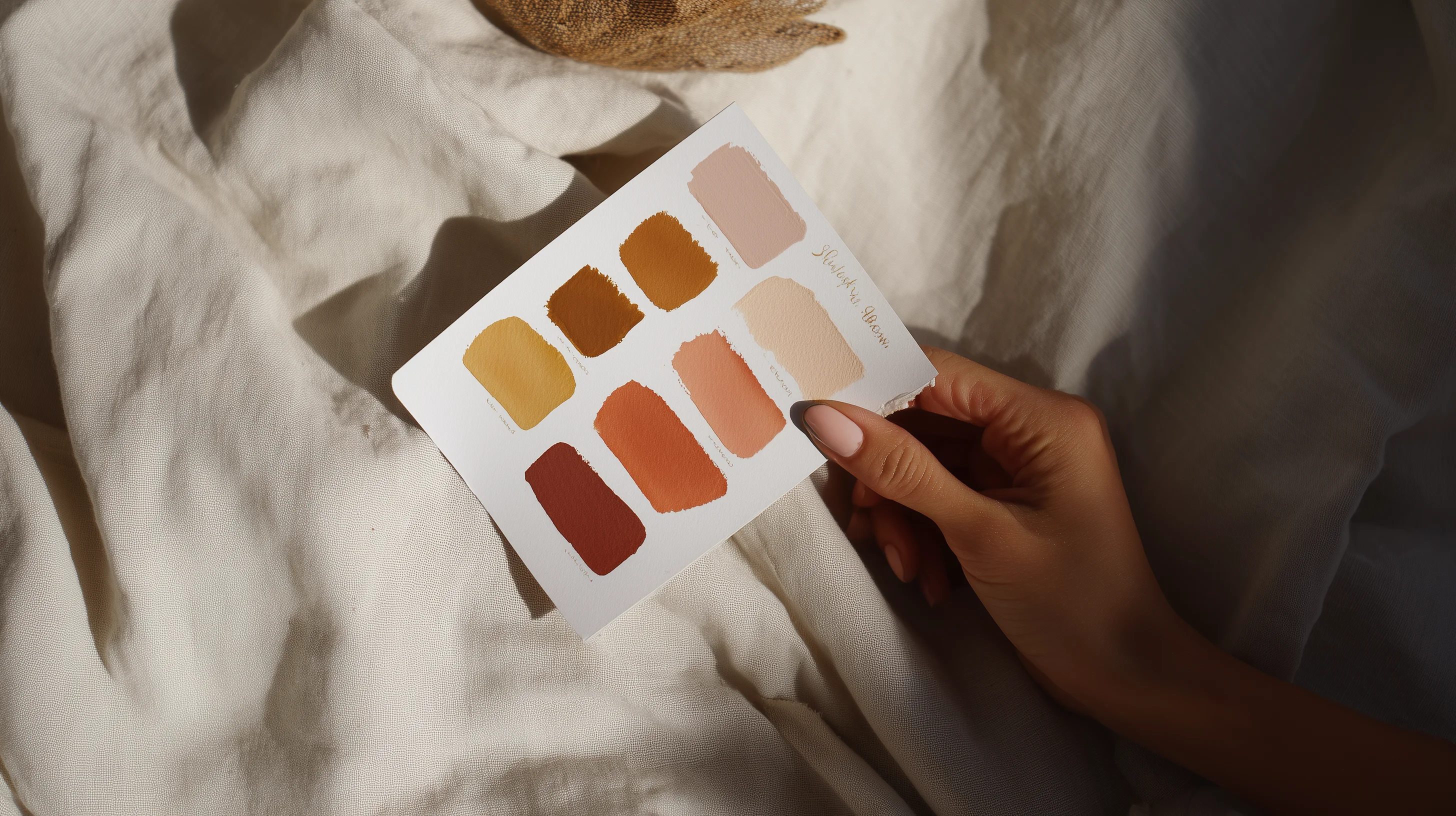 Hand holding a personalised colour palette card on linen