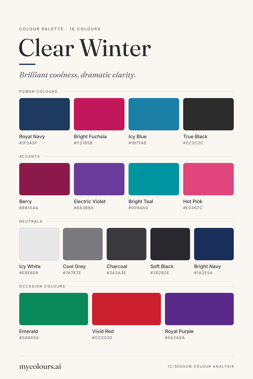 Clear Winter colour palette: all 16 colours with their names and hex codes