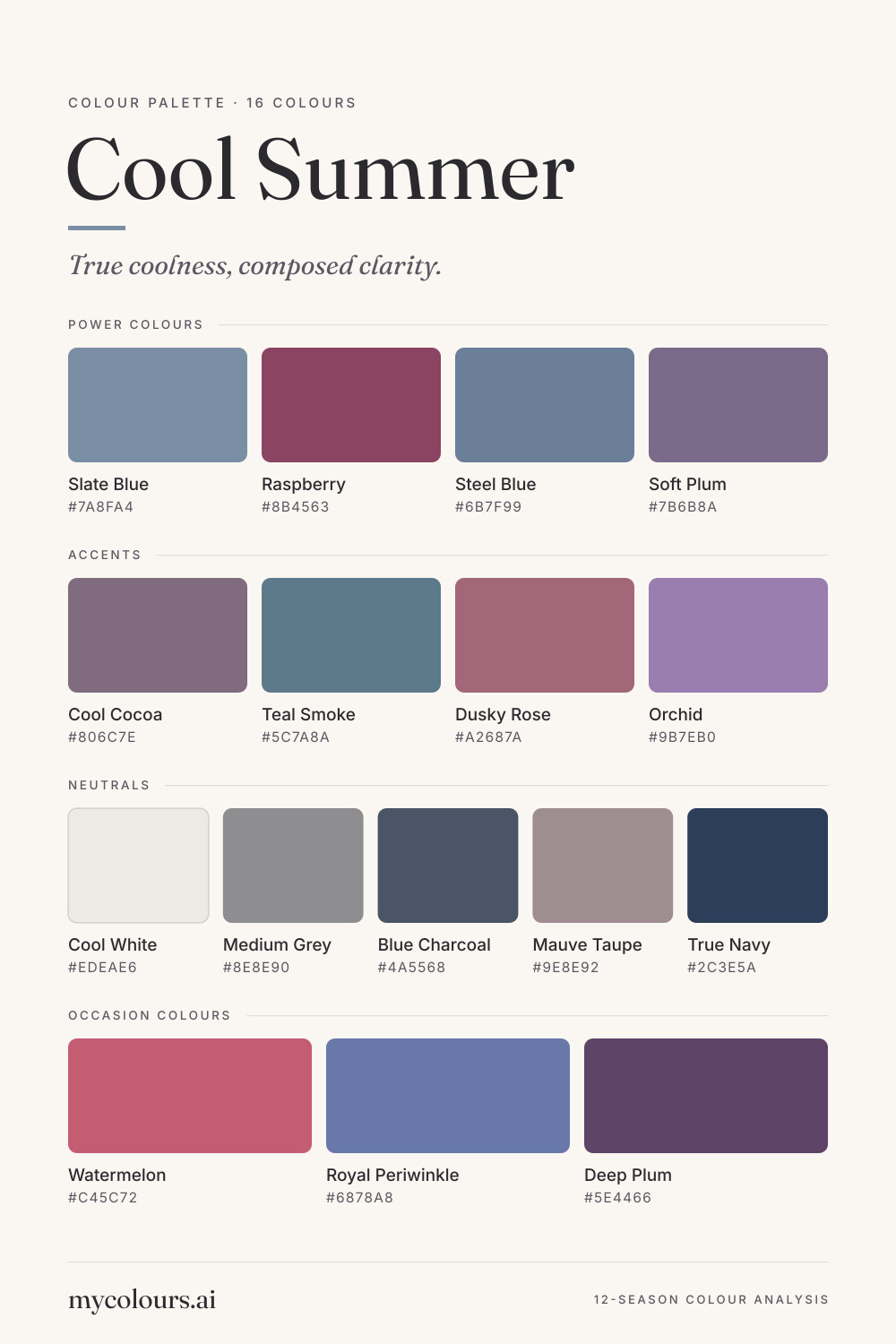 Cool Summer colour palette: all 16 colours with their names and hex codes