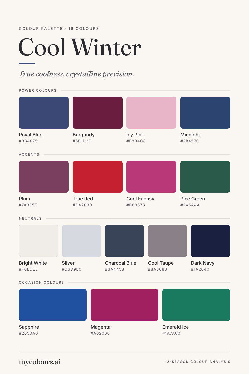 Cool Winter colour palette: all 16 colours with their names and hex codes