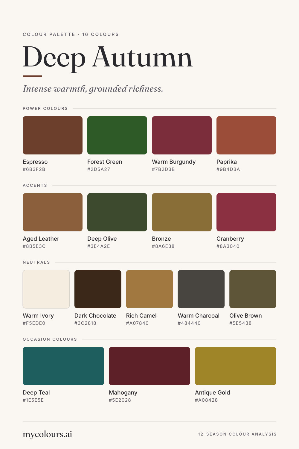 Deep Autumn colour palette: all 16 colours with their names and hex codes