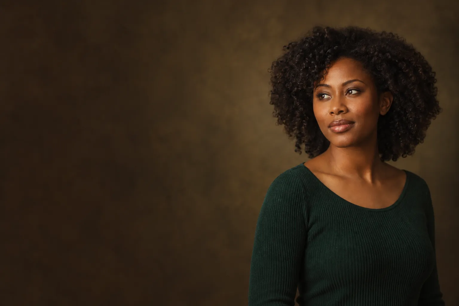 Woman with dark brown curls, warm bronze skin and warm brown eyes in a forest green top