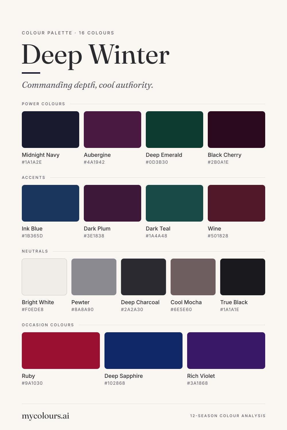 Deep Winter colour palette: all 16 colours with their names and hex codes