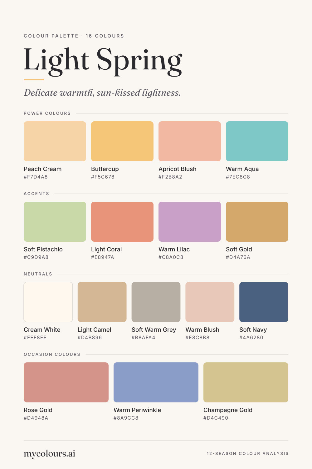 Light Spring colour palette: all 16 colours with their names and hex codes