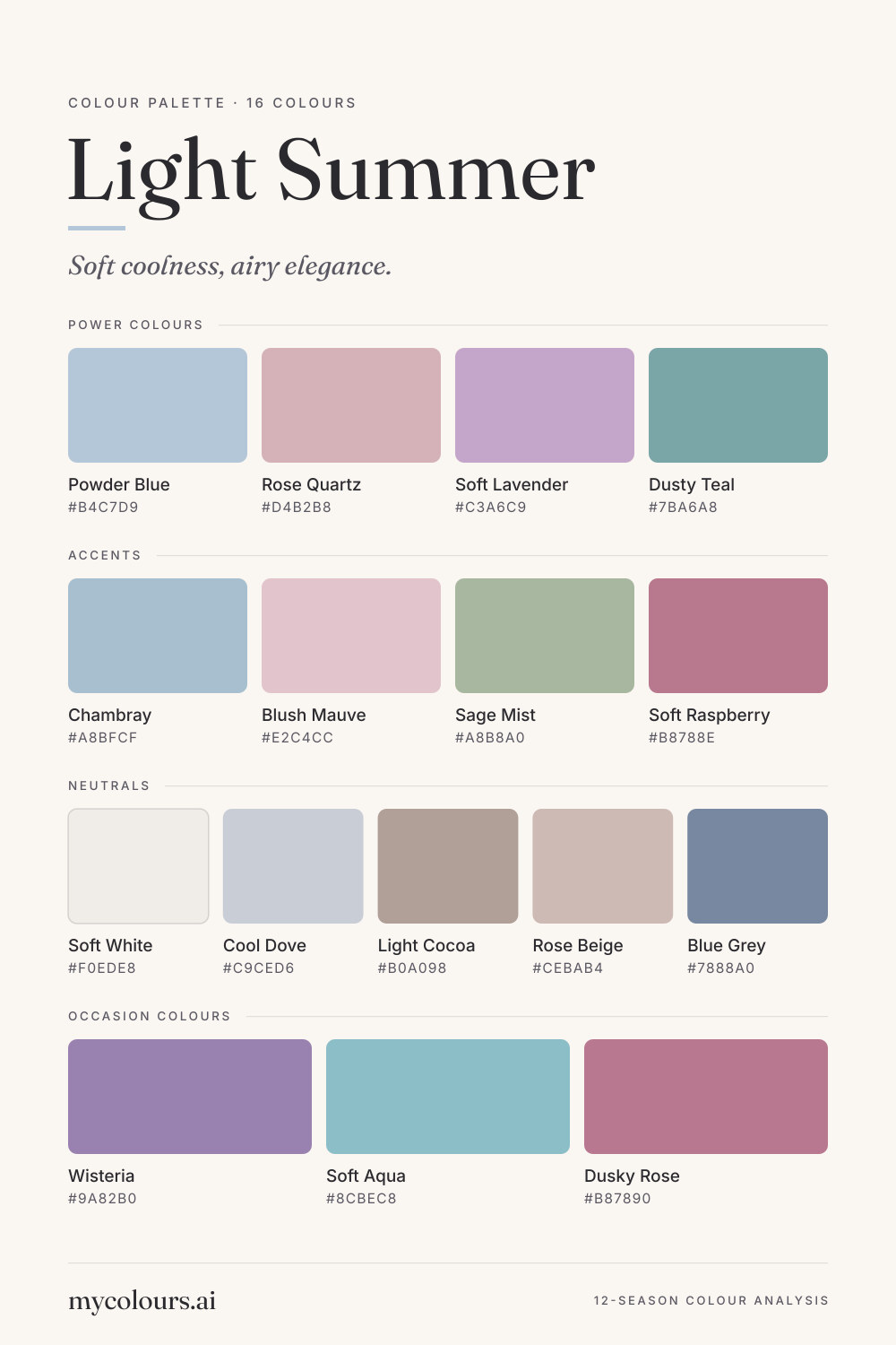 Light Summer colour palette: all 16 colours with their names and hex codes