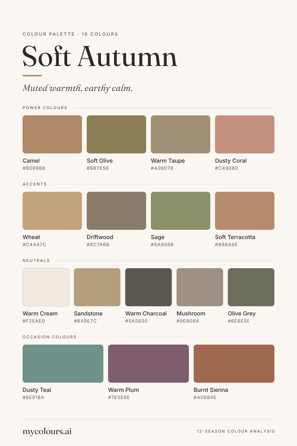 Soft Autumn colour palette: all 16 colours with their names and hex codes