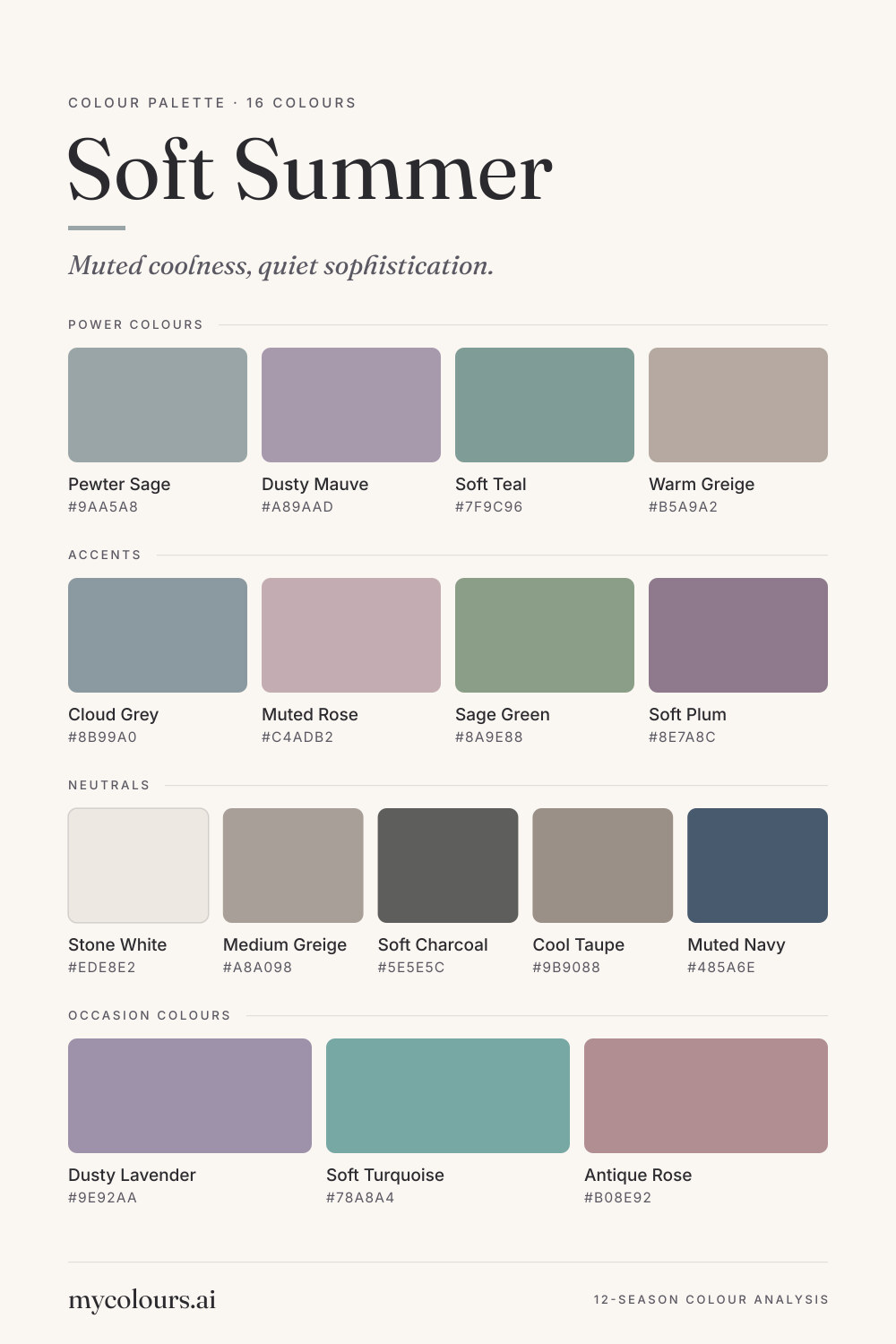 Soft Summer colour palette: all 16 colours with their names and hex codes