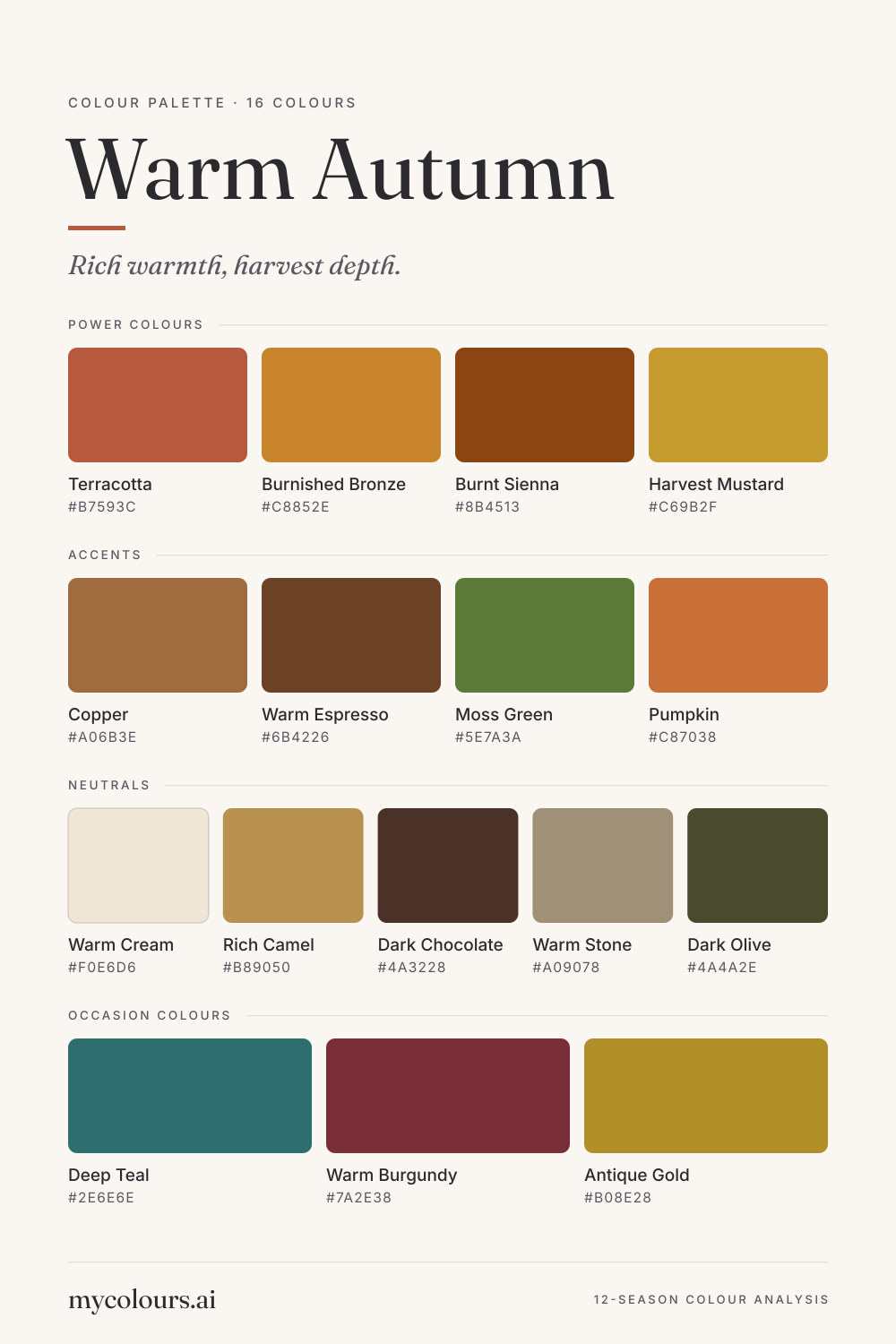 Warm Autumn colour palette: all 16 colours with their names and hex codes