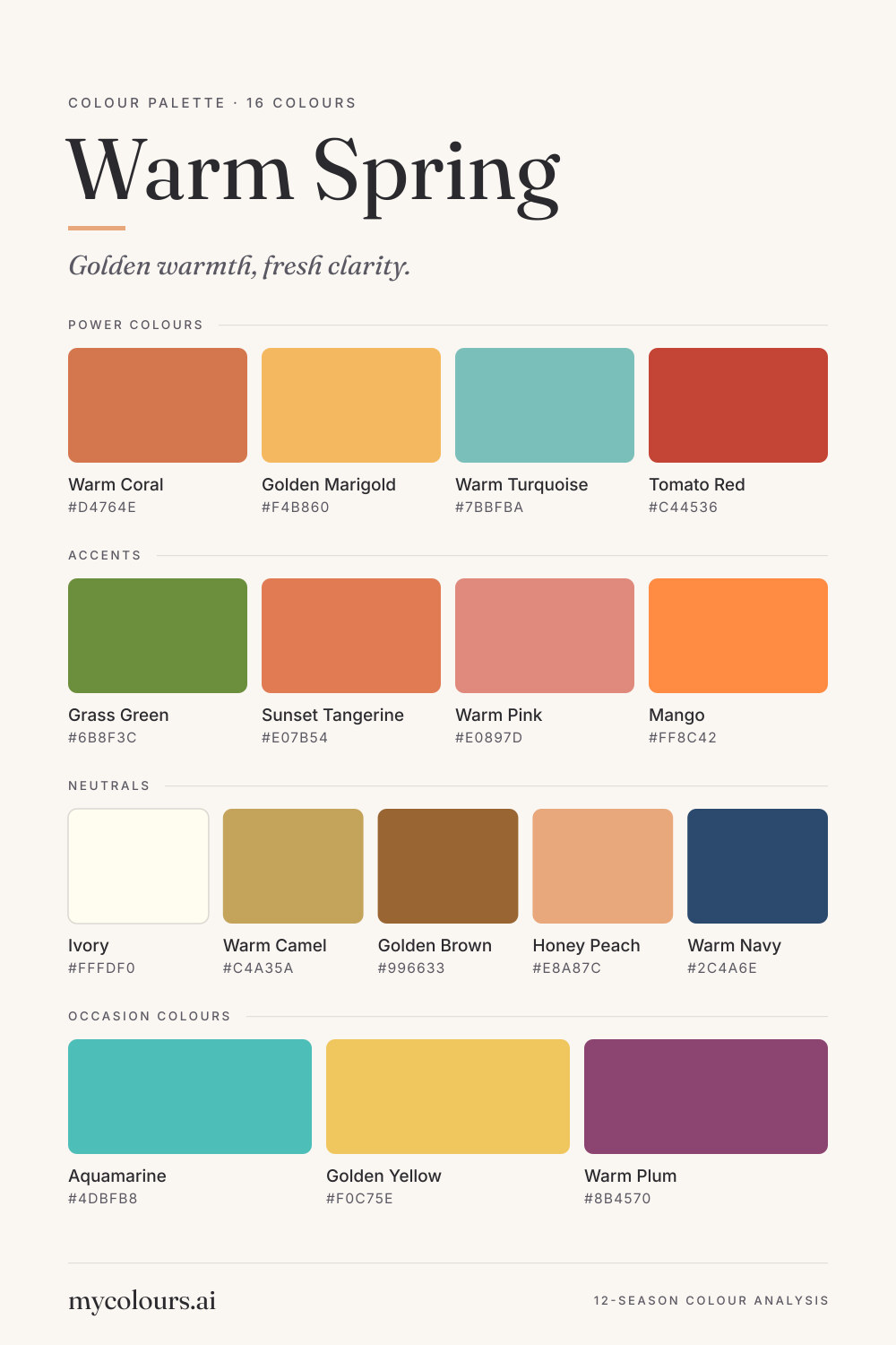 Warm Spring colour palette: all 16 colours with their names and hex codes